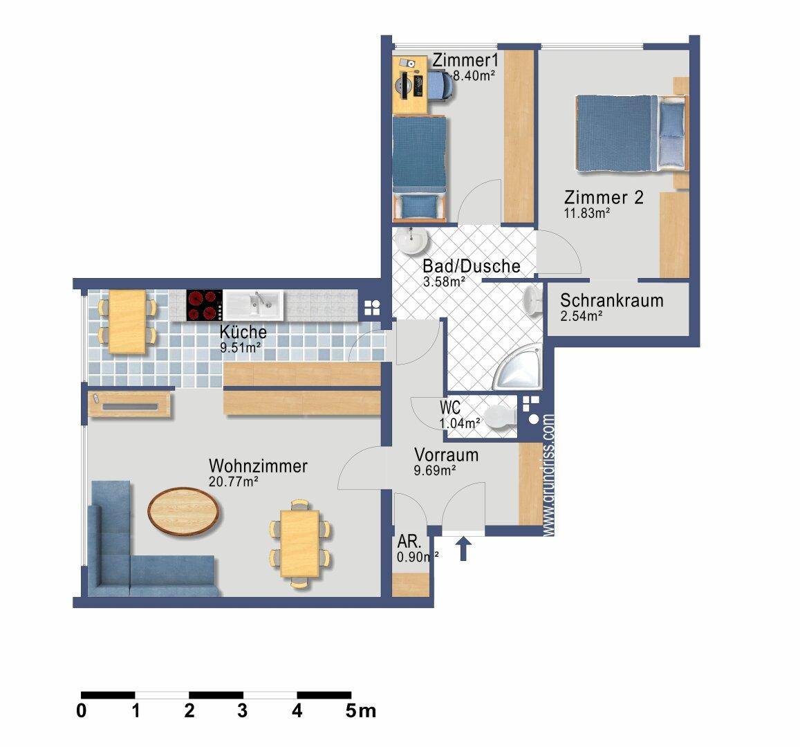 Grundriss einer Wohnung mit zwei Schlafzimmern, separater Küche und Wohnzimmer.