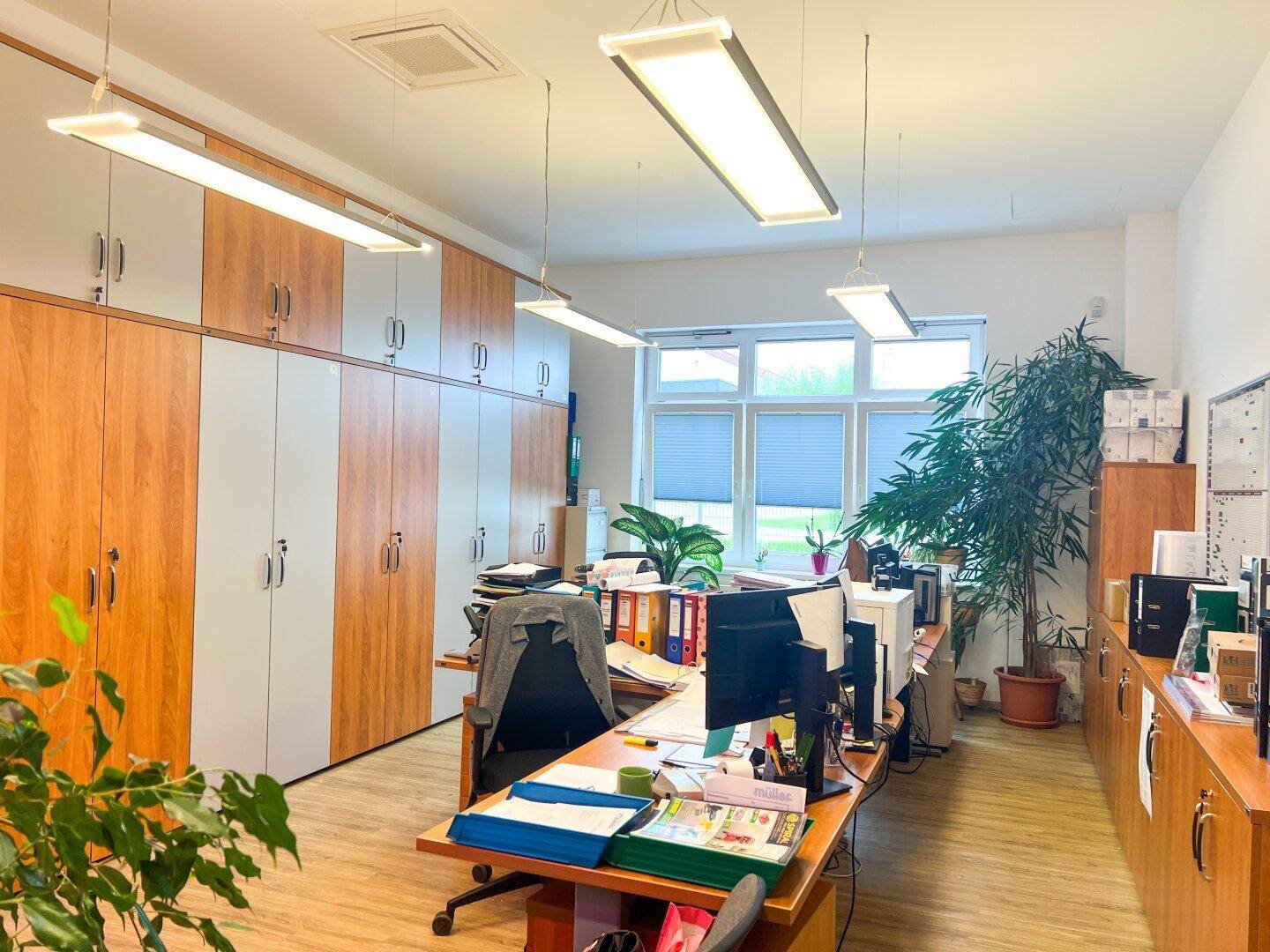 Modernes Großraumbüro mit mehreren Arbeitsplätzen, integrierten Schränken und großen Fenstern mit Jalousien.