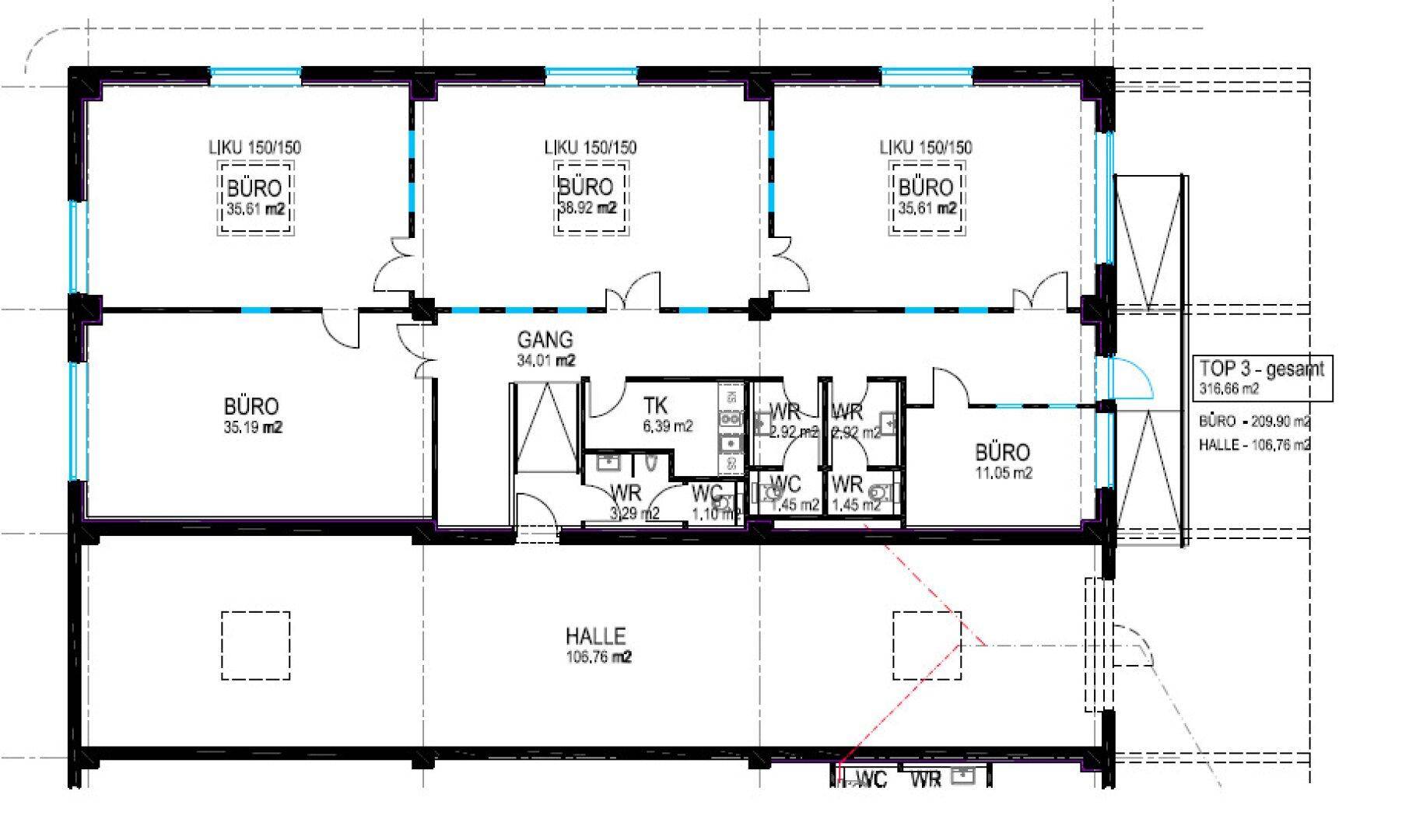 Grundrissplan eines Gewerbeobjekts mit Büros, Halle, Gang und Sanitärbereichen auf einer Etage.