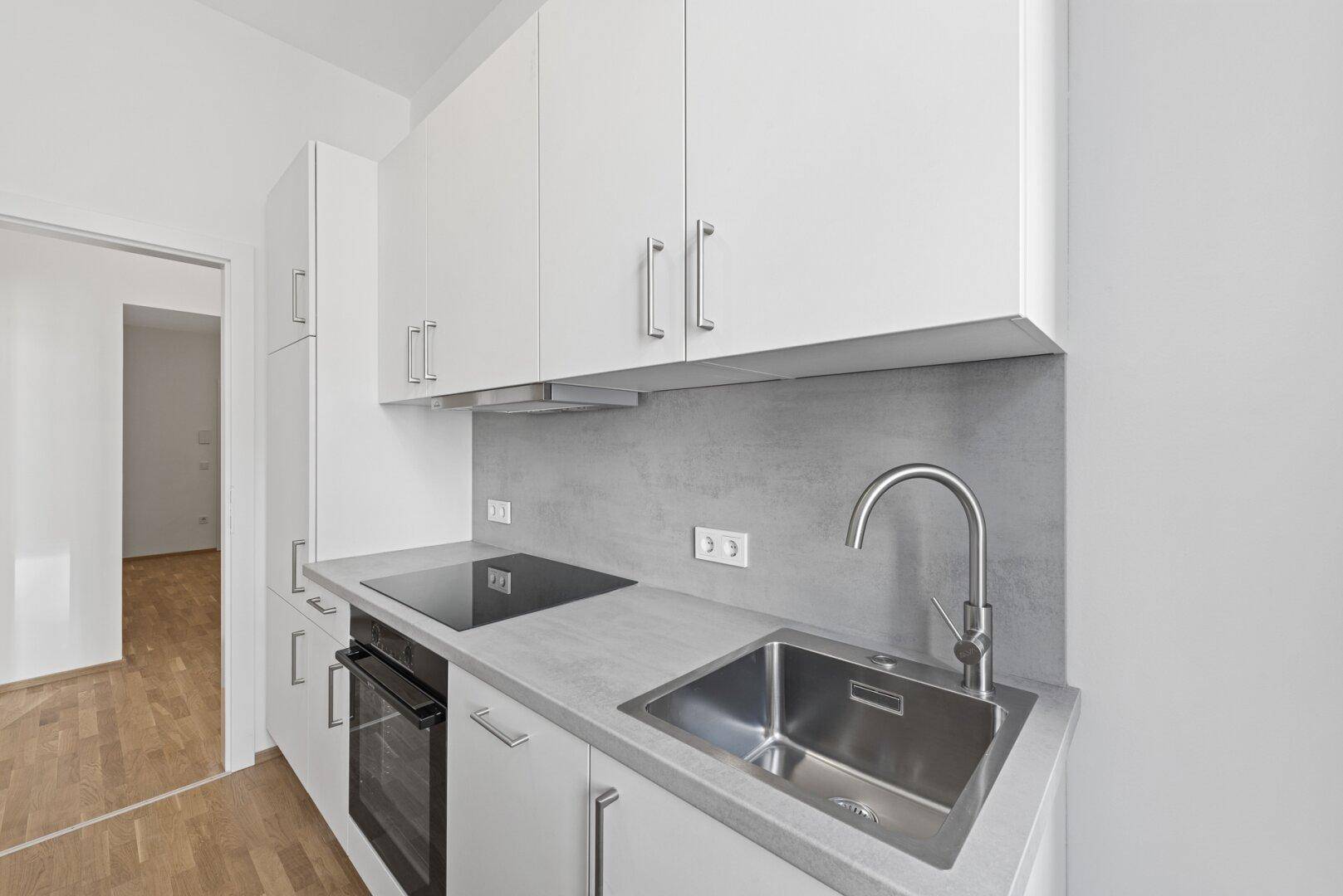 Detailansicht der modernen Einbauküche mit Spüle, Kochfeld und Backofen.