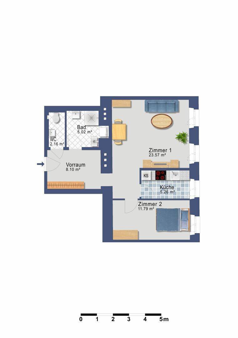 Grundriss einer Wohnung mit zwei Zimmern, Bad, WC und offener Küche.