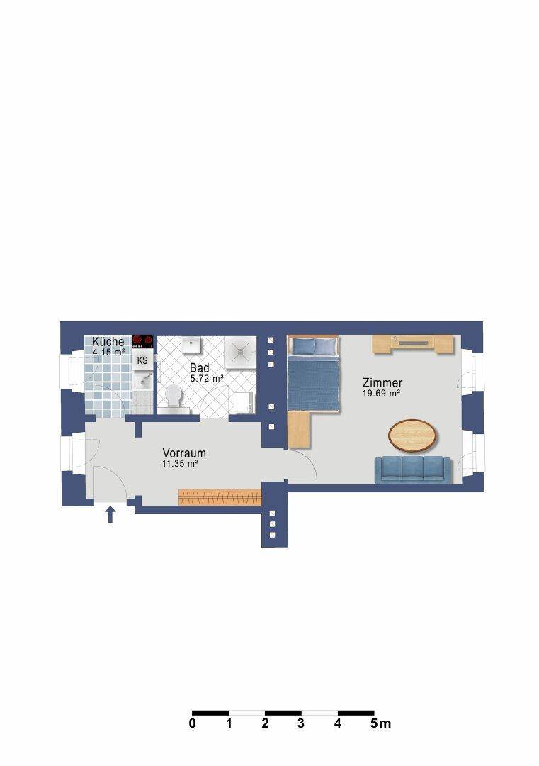 Grundriss einer Wohnung mit Küche, Bad, Vorraum und Zimmer.