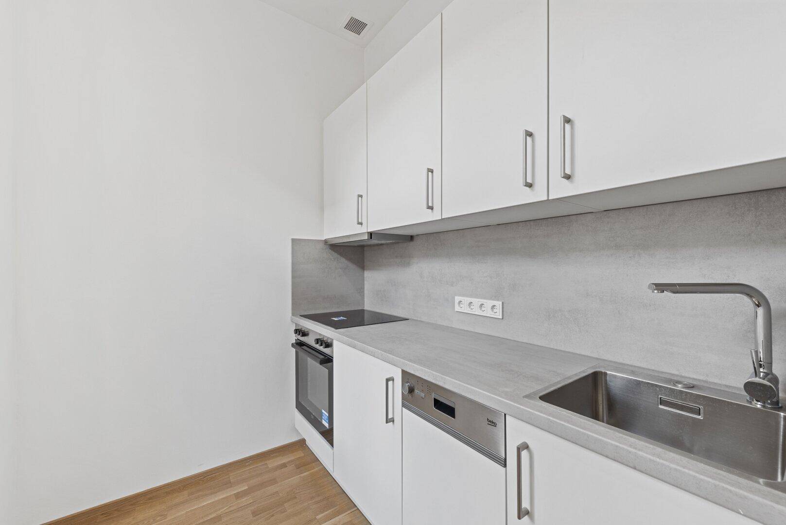 Moderne Einbauküche mit weißen Schränken, Spülmaschine und Induktionskochfeld.
