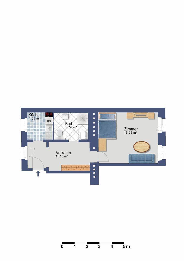 Grundriss einer Wohnung mit Küche, Bad, Vorraum und einem Zimmer.
