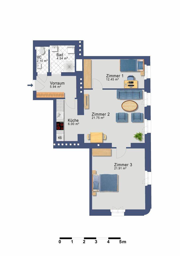 Grundriss einer Wohnung mit drei Zimmern, Küche, Bad und separatem WC.