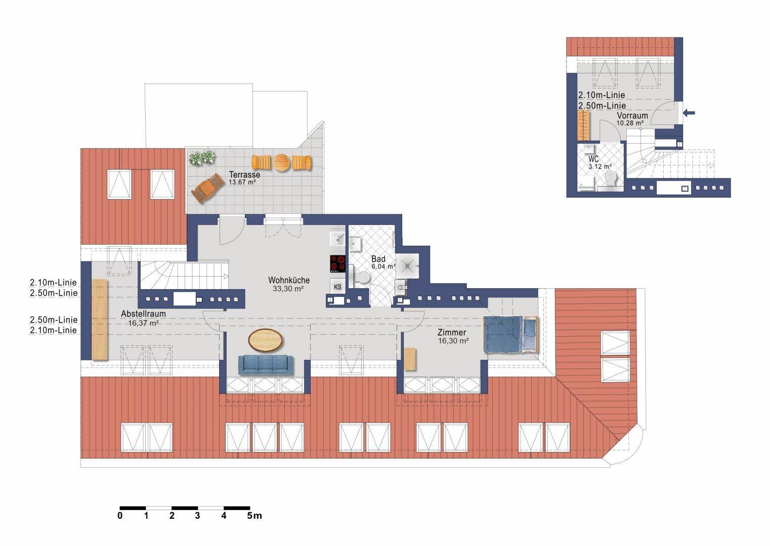 Grundrissplan einer Dachgeschosswohnung mit Wohnküche, Zimmer und Terrasse.