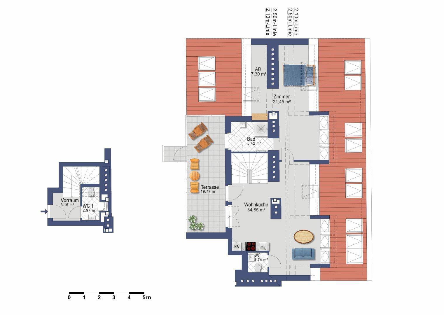 Grundrissplan einer Wohnung mit Terrasse, Wohnküche, Bad und einem weiteren Zimmer.