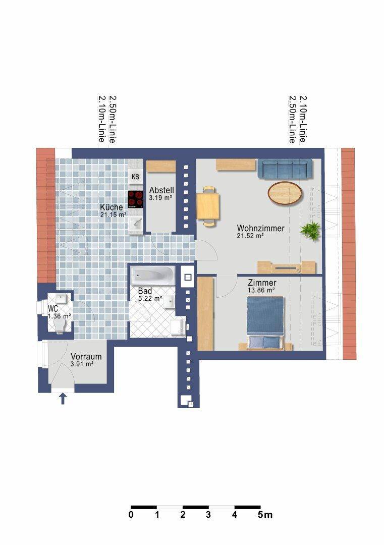 Grundriss einer Wohnung mit Küche, Wohnzimmer, Schlafzimmer und zwei Bädern.