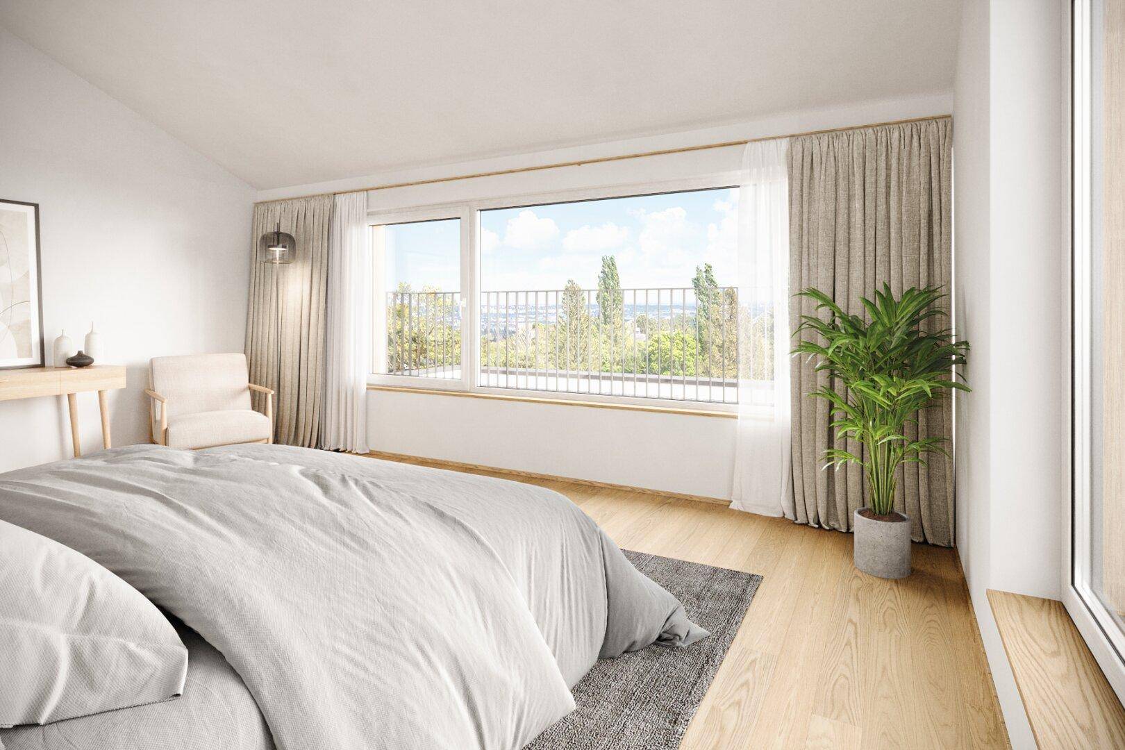 Helles Schlafzimmer mit Holzboden, großen Fenstern und einem weiten Blick ins Grüne.