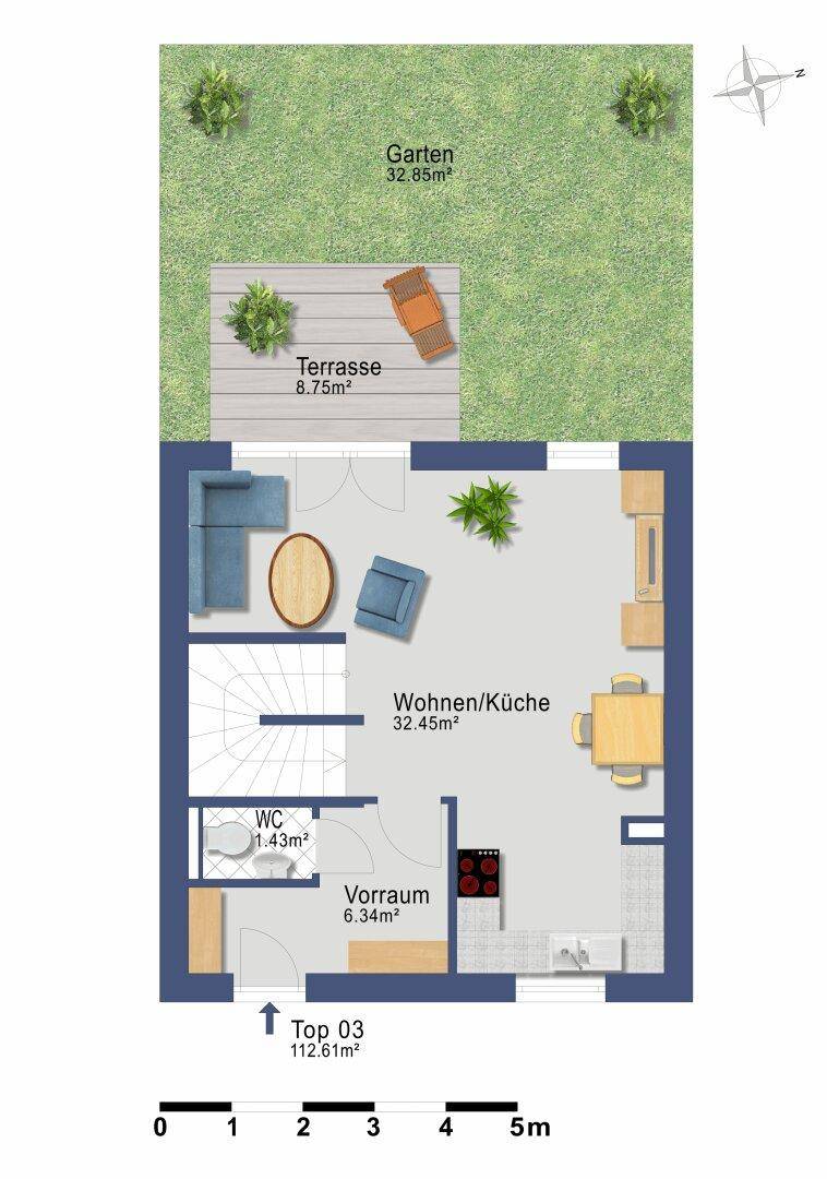 Grundriss des Erdgeschosses mit Wohnküche, Terrasse und Garten.