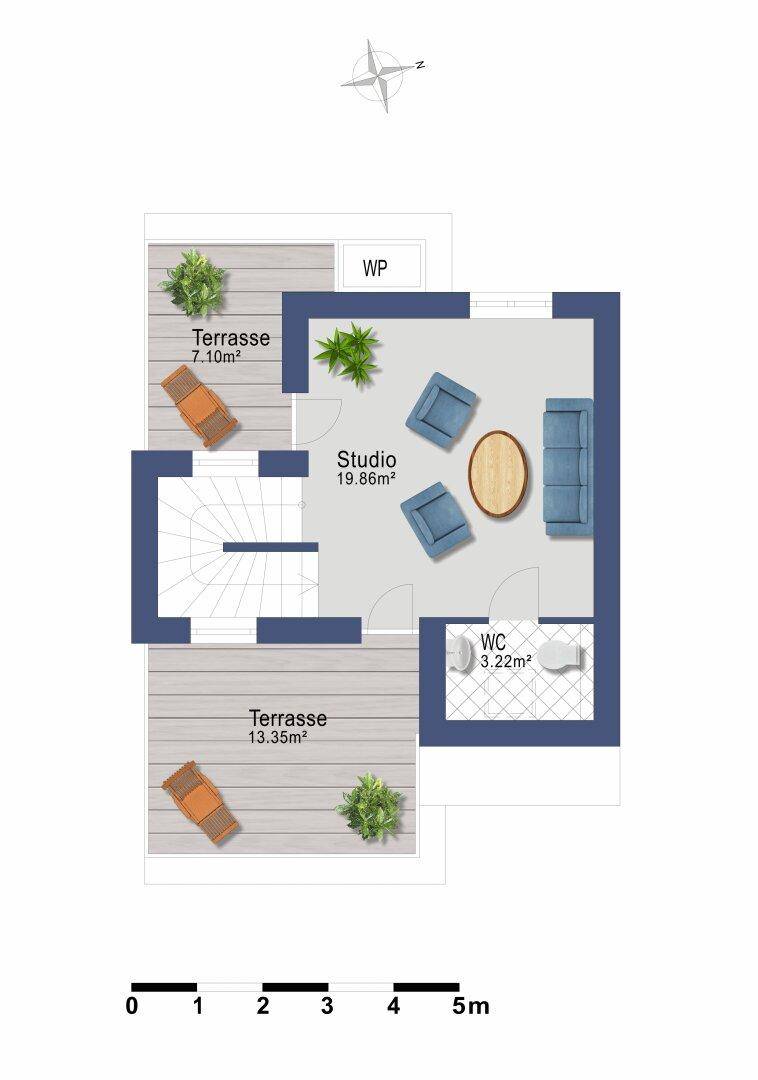 Grundriss des Dachgeschosses mit Studio und zwei Terrassen.