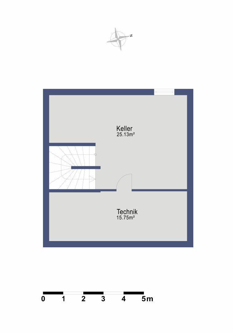 Grundriss des Kellers mit Lagerraum und Technikbereich.