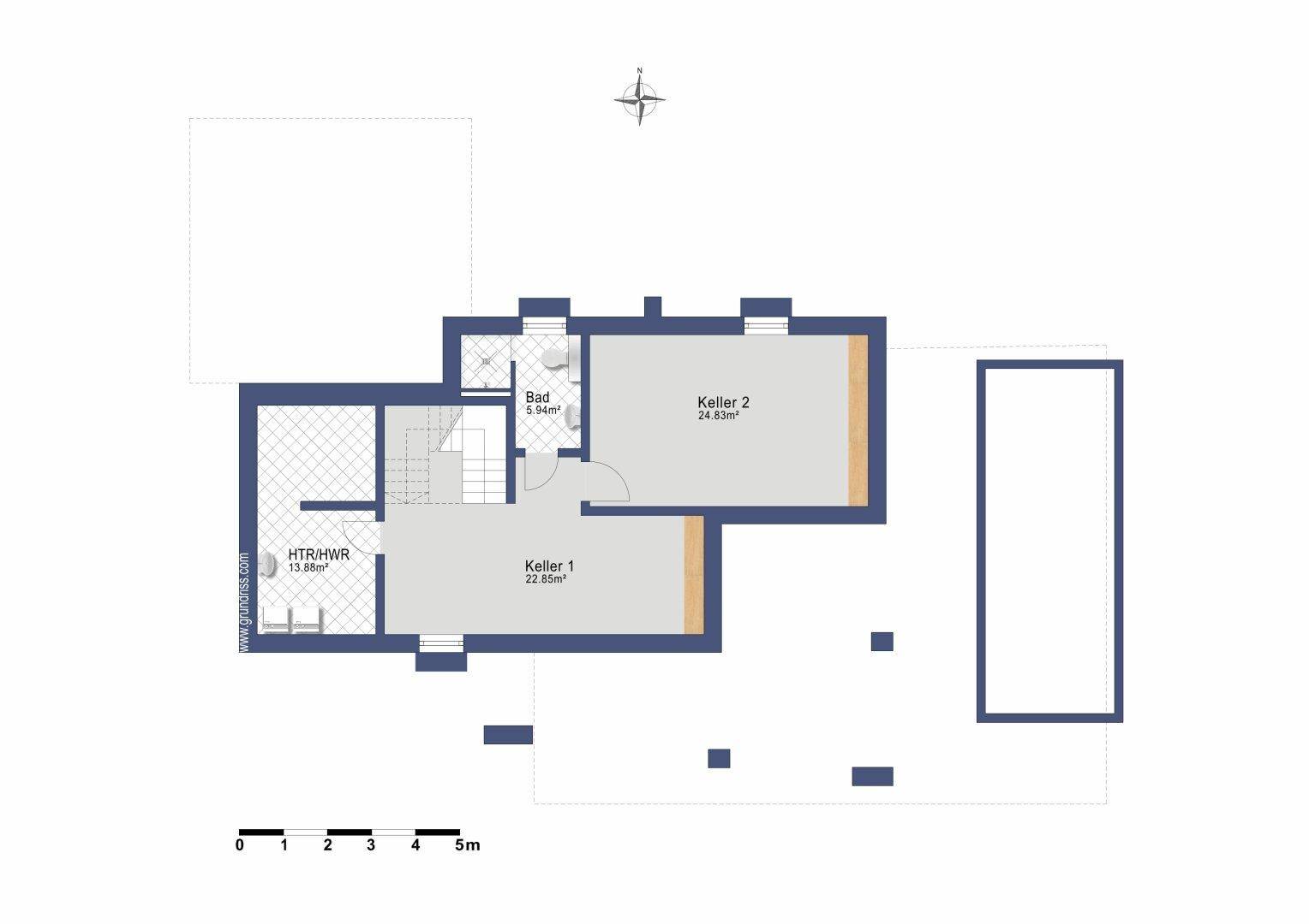 Grundriss des Kellergeschosses mit zwei Kellerräumen, einem Bad und einem Hauswirtschaftsraum.