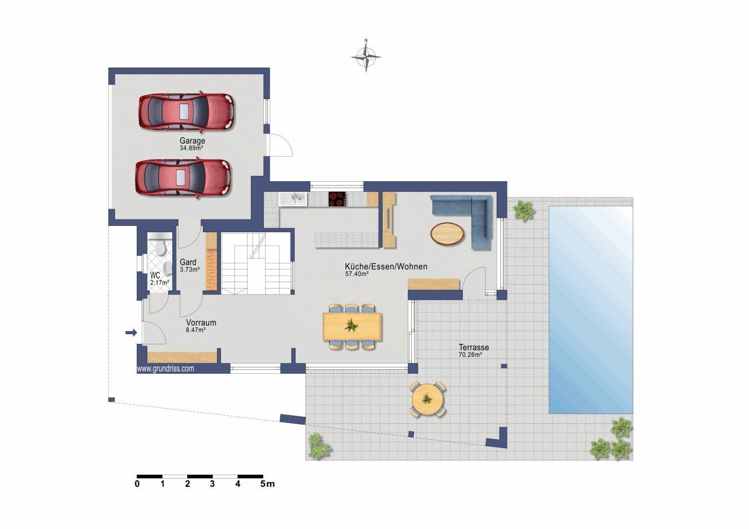Grundriss des Erdgeschosses mit offener Küche, Wohnbereich, Doppelgarage, Terrasse und Pool.