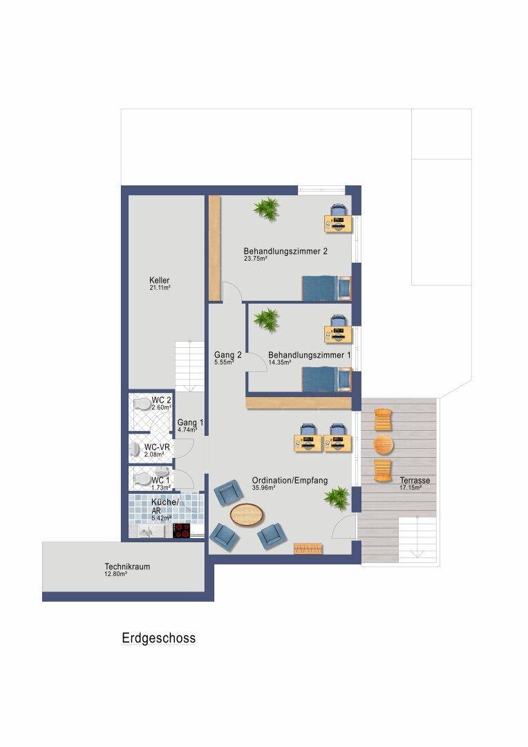 Grundriss des Erdgeschosses mit Behandlungszimmern, Empfangsbereich, Keller und einer Terrasse.