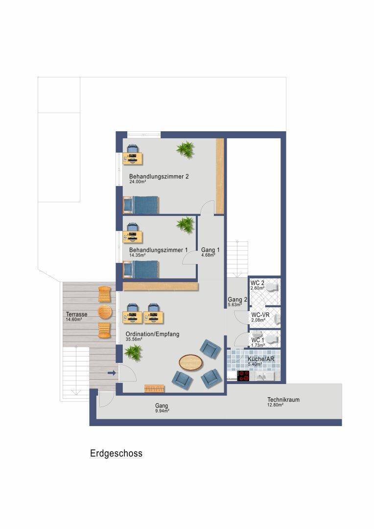 Grundriss des Erdgeschosses mit Behandlungszimmern, Empfangsbereich und einer Außenterrasse.