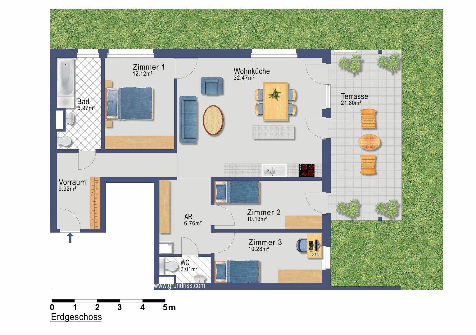 Grundriss einer Erdgeschosswohnung mit drei Zimmern, offener Wohnküche und großer Terrasse.