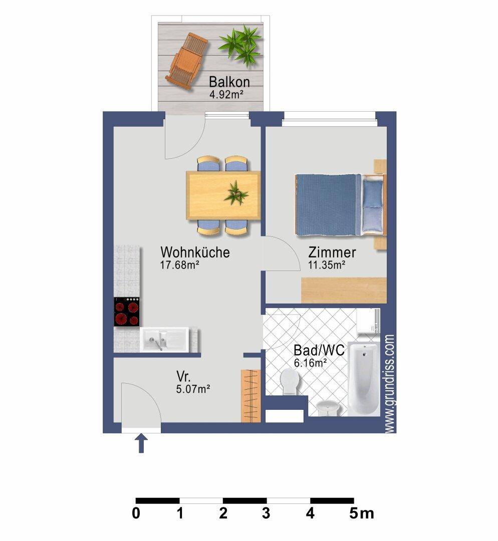 Grundriss einer Wohnung mit Wohnküche, Schlafzimmer, Bad und Balkon.