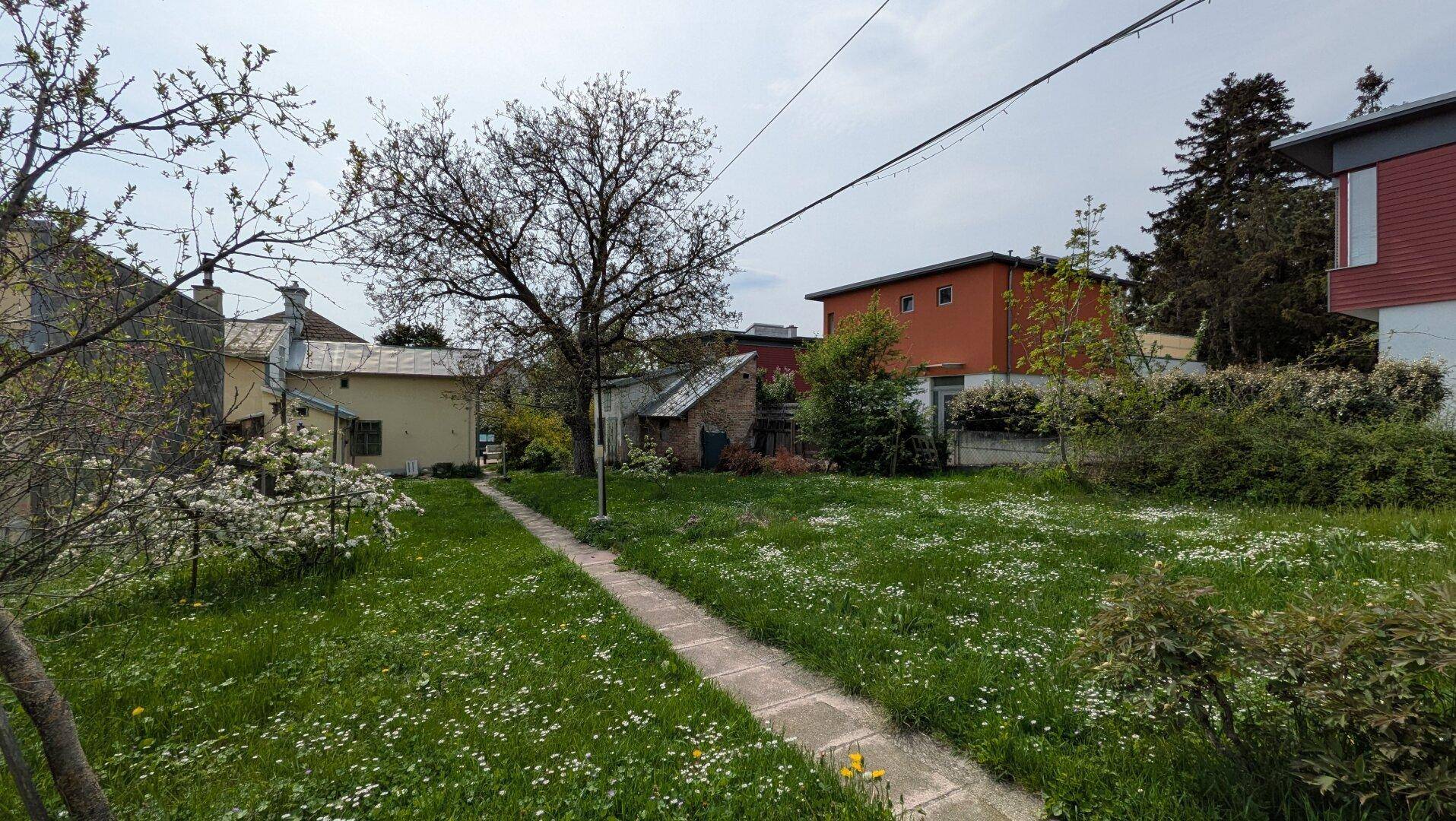 Gartenbereich mit einem Steinpfad, blühenden Pflanzen und angrenzenden Gebäuden.
