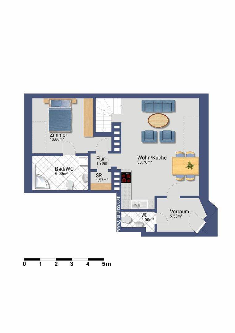 Grundriss der Hauptwohnebene mit Wohnküche, Schlafzimmer und zwei Bädern.
