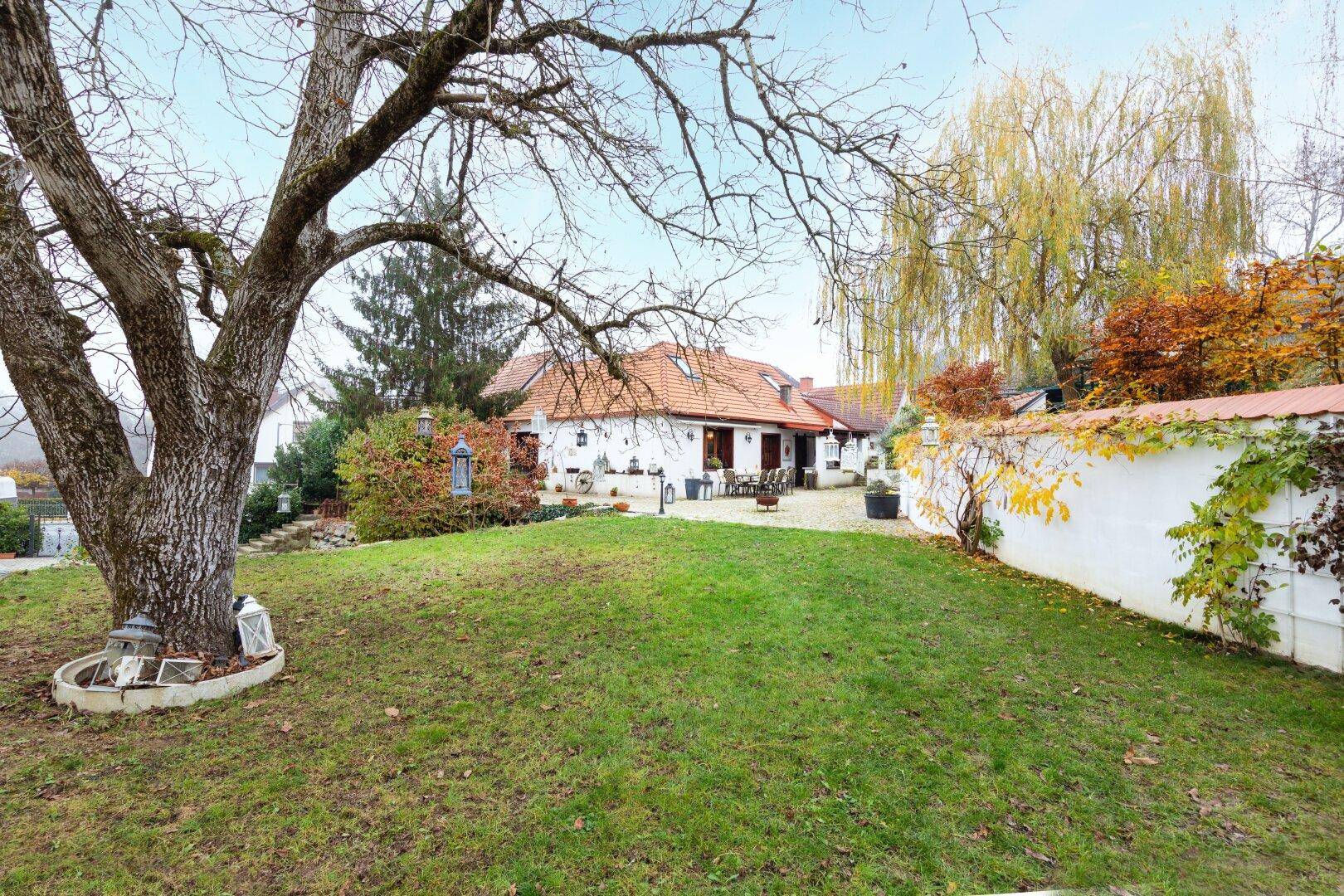 Weitläufiger Garten mit altem Baum, Rasenfläche und Blick auf die traditionellen Gebäude im Hintergrund.