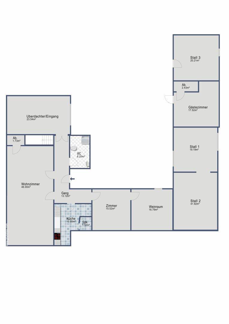 Detaillierter Grundriss mit Wohnzimmer, Küche, Gäste-WC, Weinraum und mehreren Stallungen.