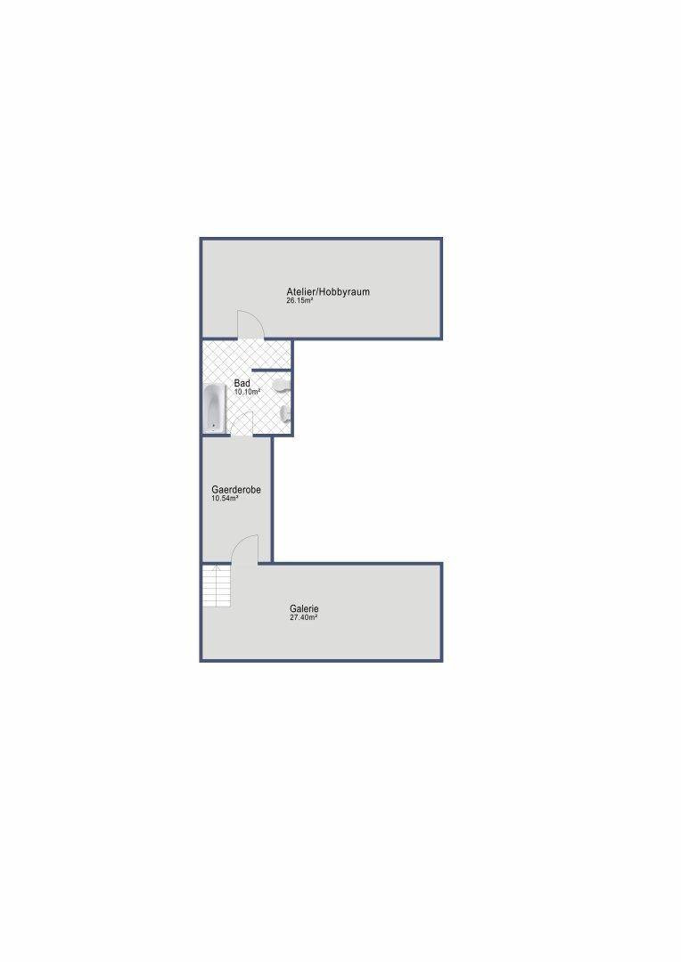 Grundriss mit Atelier, Badezimmer, Garderobe und einem offenen Galeriebereich.