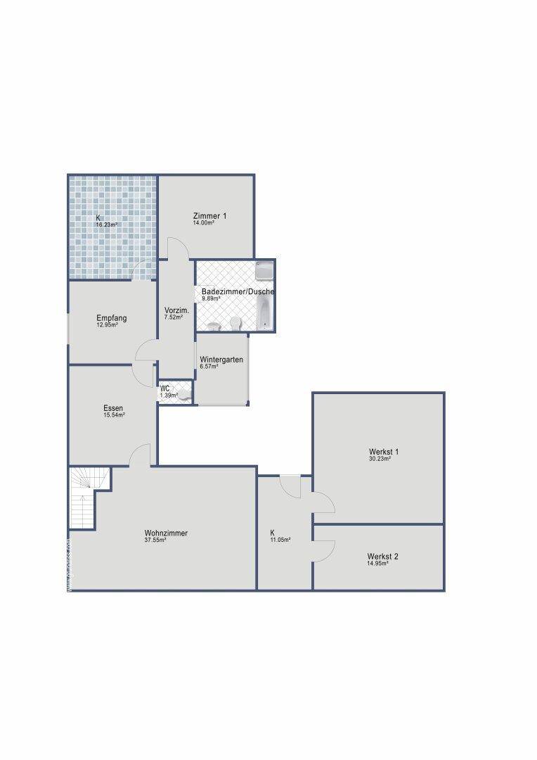Grundriss mit Wohnzimmer, Essbereich, Küche, Schlafzimmer, Badezimmer, Wintergarten und Werkstätten.
