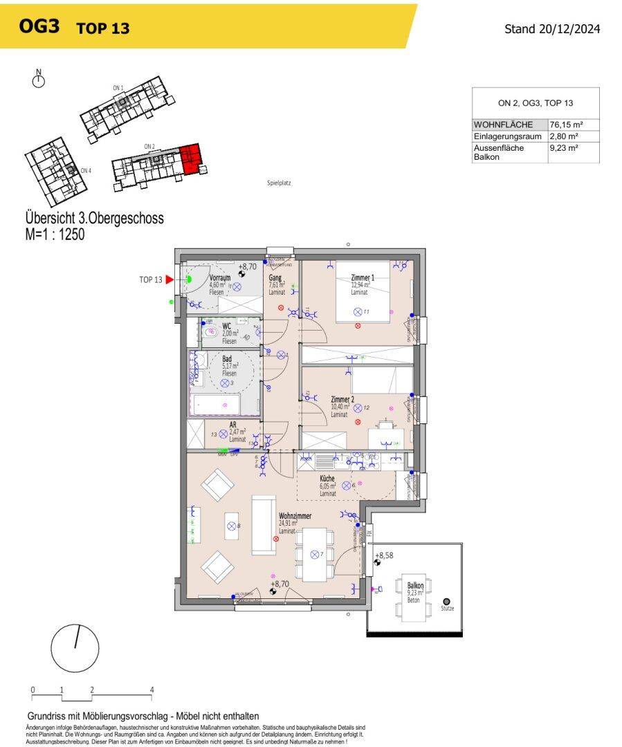 Grundriss für Wohnung TOP 13 im dritten Obergeschoss mit zwei Schlafzimmern und Balkon.