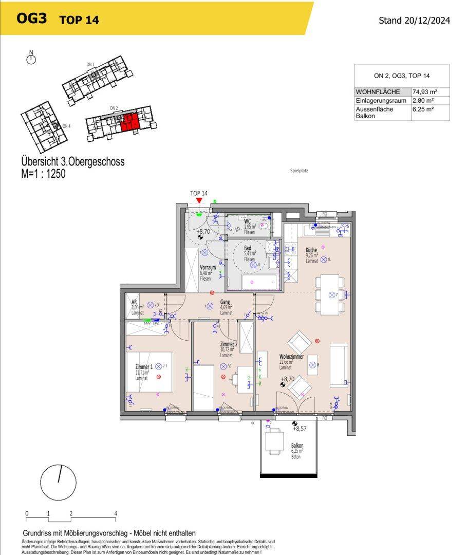 Grundriss für Wohnung TOP 14 im dritten Obergeschoss mit zwei Schlafzimmern und Balkon.