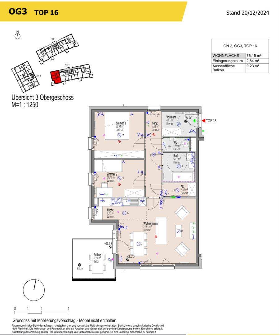 Grundriss für Wohnung TOP 16 im dritten Obergeschoss mit zwei Schlafzimmern und Balkon.