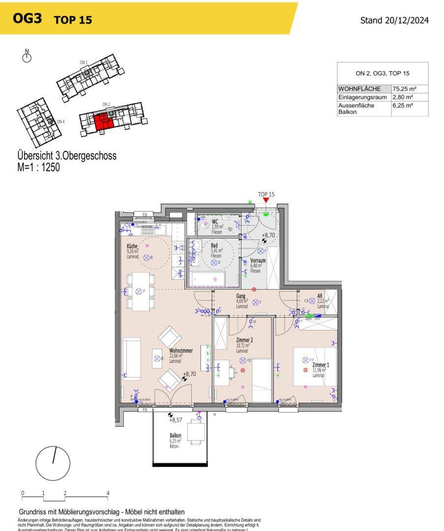 Grundriss für Wohnung TOP 15 im dritten Obergeschoss mit zwei Schlafzimmern und Balkon.