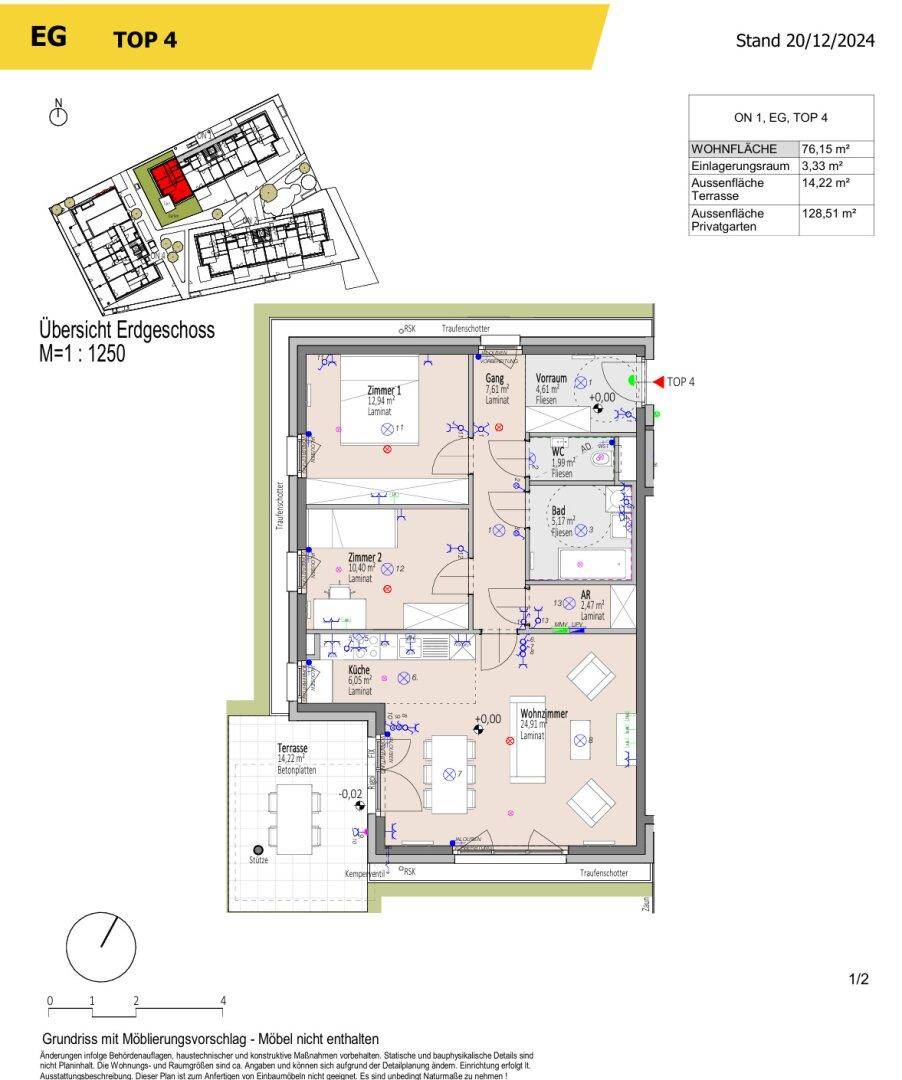 Grundriss für Wohnung TOP 4 im Erdgeschoss mit Terrasse und privatem Garten.