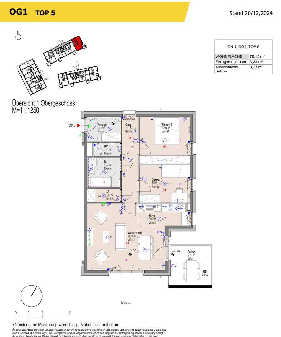 Grundriss für Wohnung TOP 5 im ersten Obergeschoss mit zwei Schlafzimmern und Balkon.