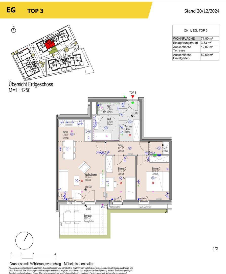 Grundriss einer Erdgeschosswohnung mit Wohnzimmer, Küche, zwei Schlafzimmern und einer Terrasse mit Garten.