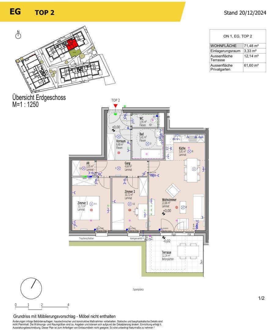 Grundriss einer Erdgeschosswohnung mit Wohnzimmer, Küche, zwei Schlafzimmern und einer Terrasse mit Garten.