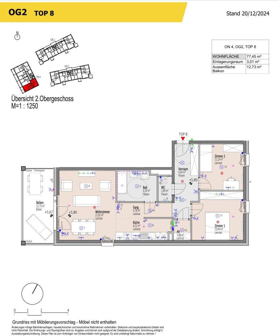 Grundriss einer Obergeschosswohnung mit Wohnzimmer, Küche, zwei Schlafzimmern und einem Balkon.