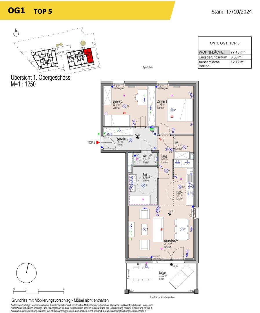 Grundriss der Wohnung OG1 TOP 5 mit zwei Schlafzimmern, separatem WC und einem Balkon.