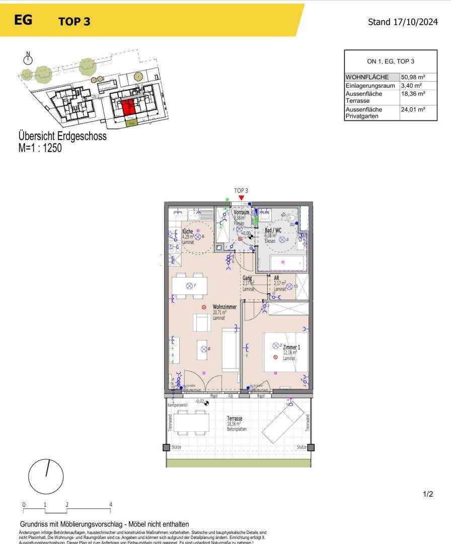 Grundriss einer Erdgeschosswohnung (TOP 3) mit Terrasse, Privatgarten und offenem Wohnbereich.
