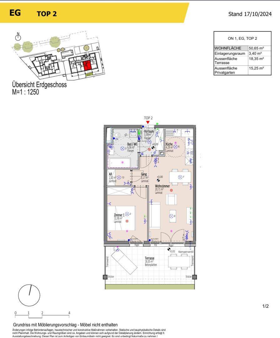 Grundriss einer Erdgeschosswohnung (TOP 2) mit Terrasse, Privatgarten und offenem Wohnbereich.