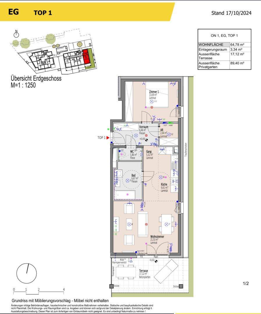 Grundriss einer Erdgeschosswohnung (TOP 1) mit großer Terrasse, Privatgarten und offenem Wohnbereich.