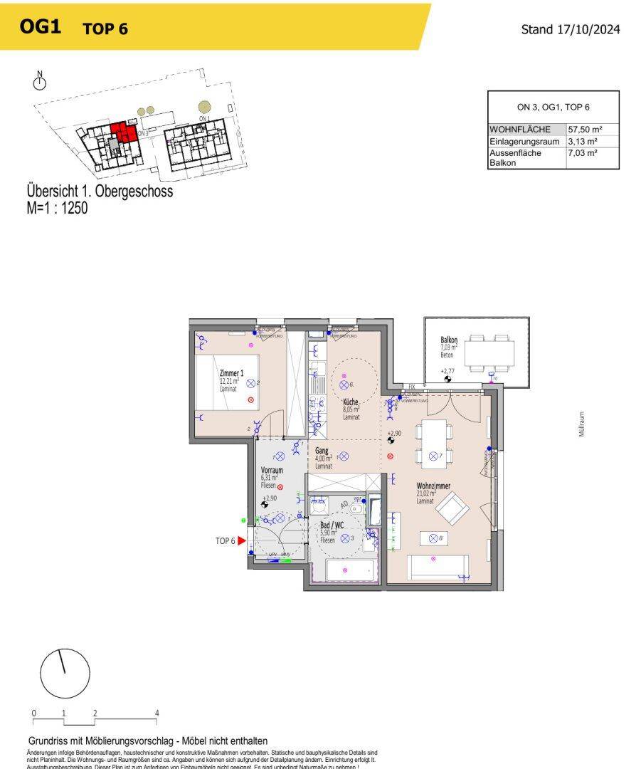 Grundriss einer Obergeschosswohnung (TOP 6) mit Balkon und offenem Wohnbereich.