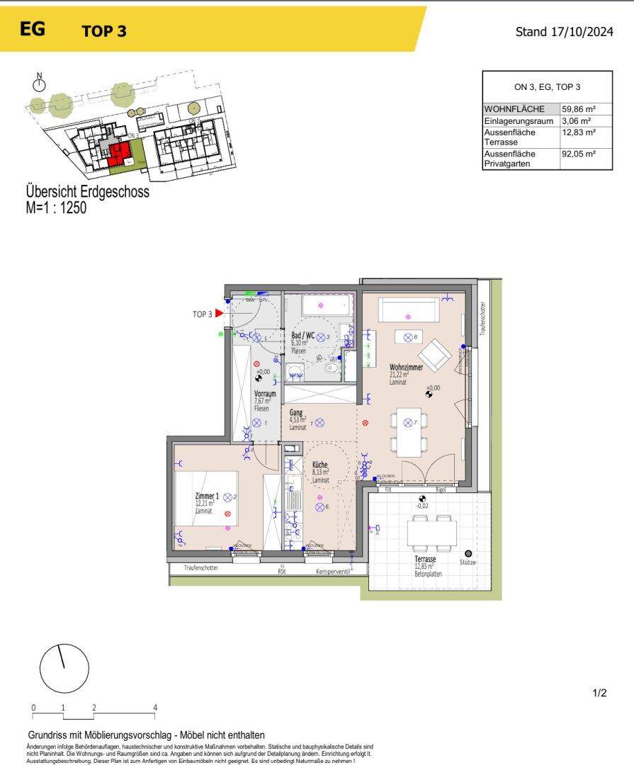 Grundriss einer Erdgeschosswohnung (TOP 3) mit Terrasse, großem Privatgarten und offenem Wohnbereich.