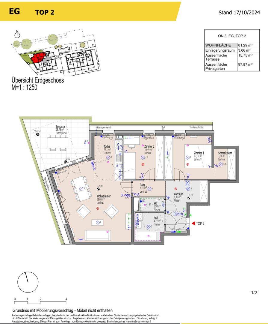 Grundriss der Erdgeschosswohnung EG TOP 2 mit Terrasse und privatem Gartenbereich.