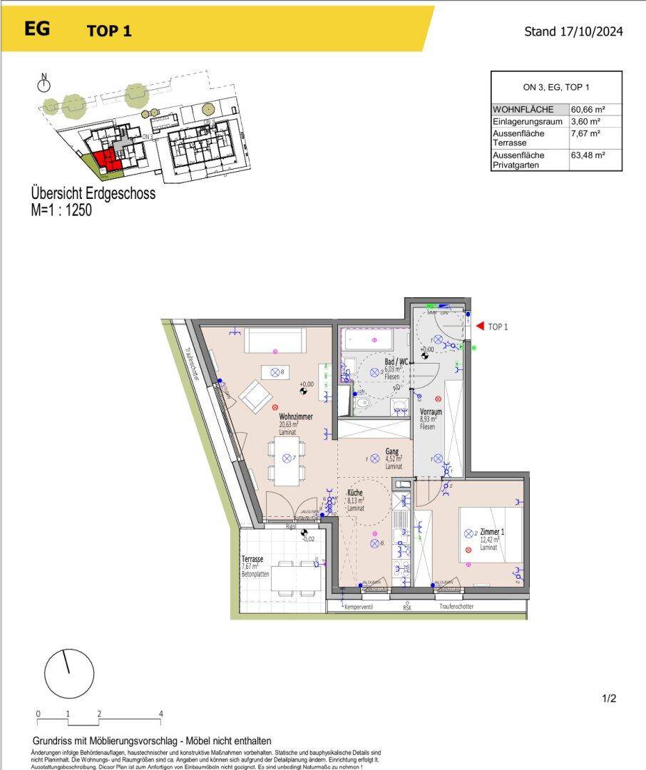 Grundriss einer Erdgeschosswohnung (TOP 1) mit Terrasse, Privatgarten und offenem Wohnbereich.