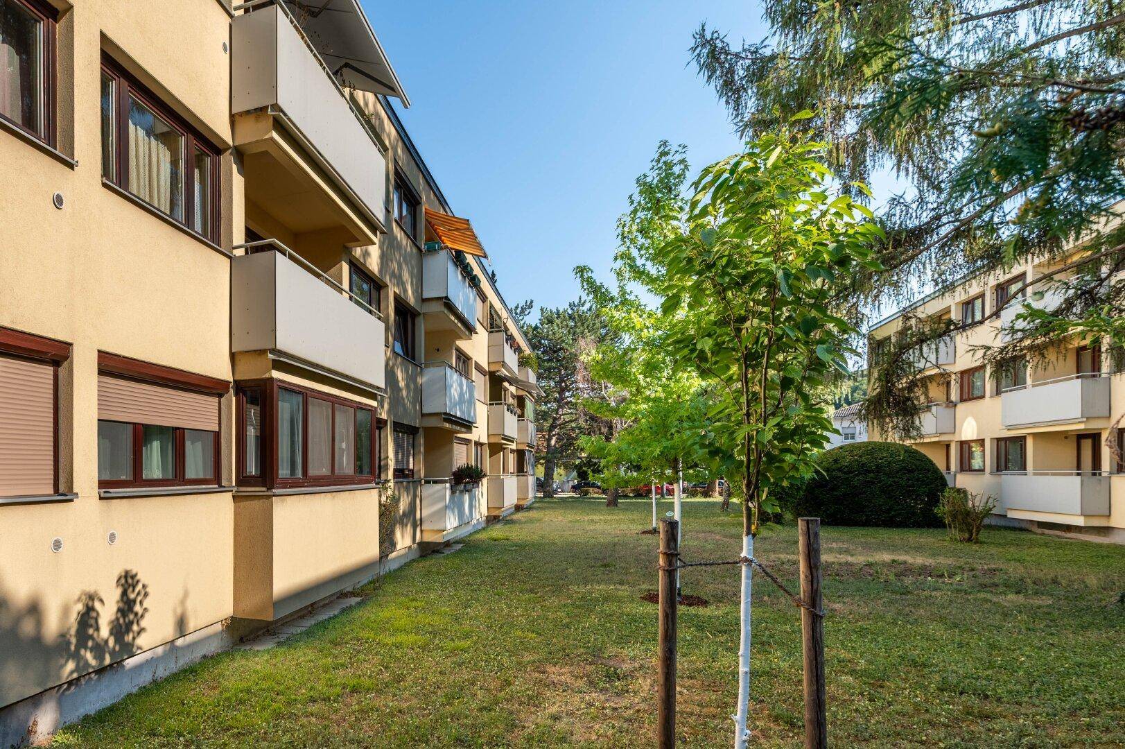 Gepflegte Grünanlage zwischen Wohngebäuden mit Bäumen und Rasenflächen.