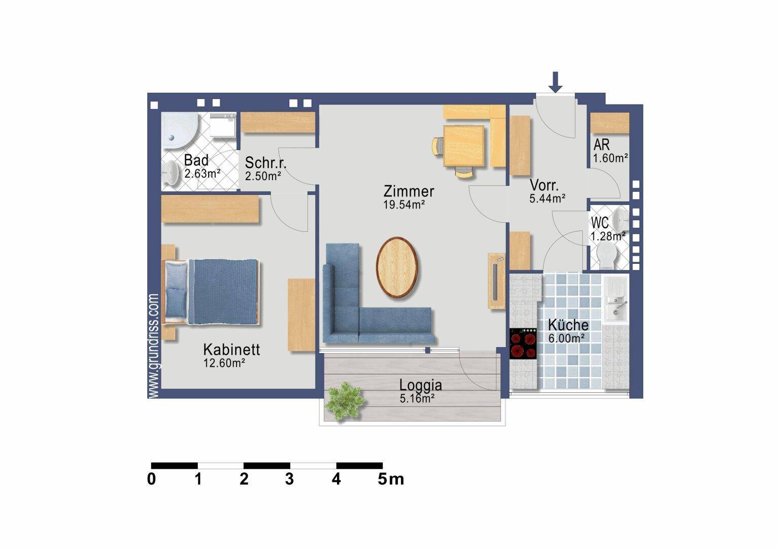 Grundriss einer Wohnung mit Zimmer, Kabinett, Loggia, Bad und WC.
