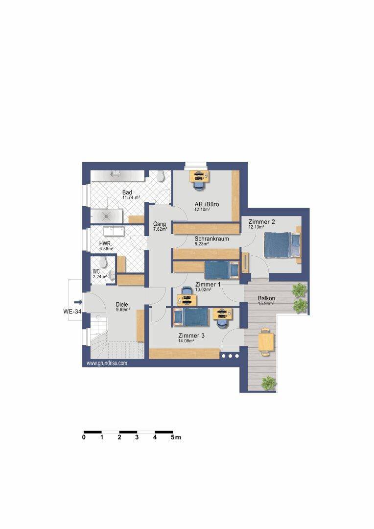 Grundriss einer modernen Wohnung mit drei Zimmern, Bad, separatem WC und einem Balkon.