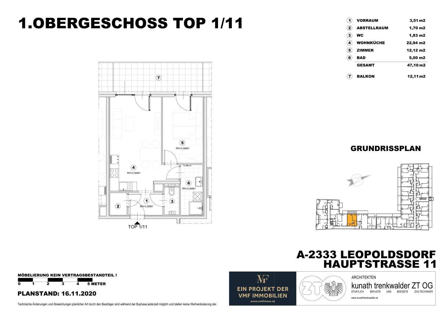 Grundriss der Wohnung Top 1/11 im Obergeschoss mit Balkon und Raumaufteilung.