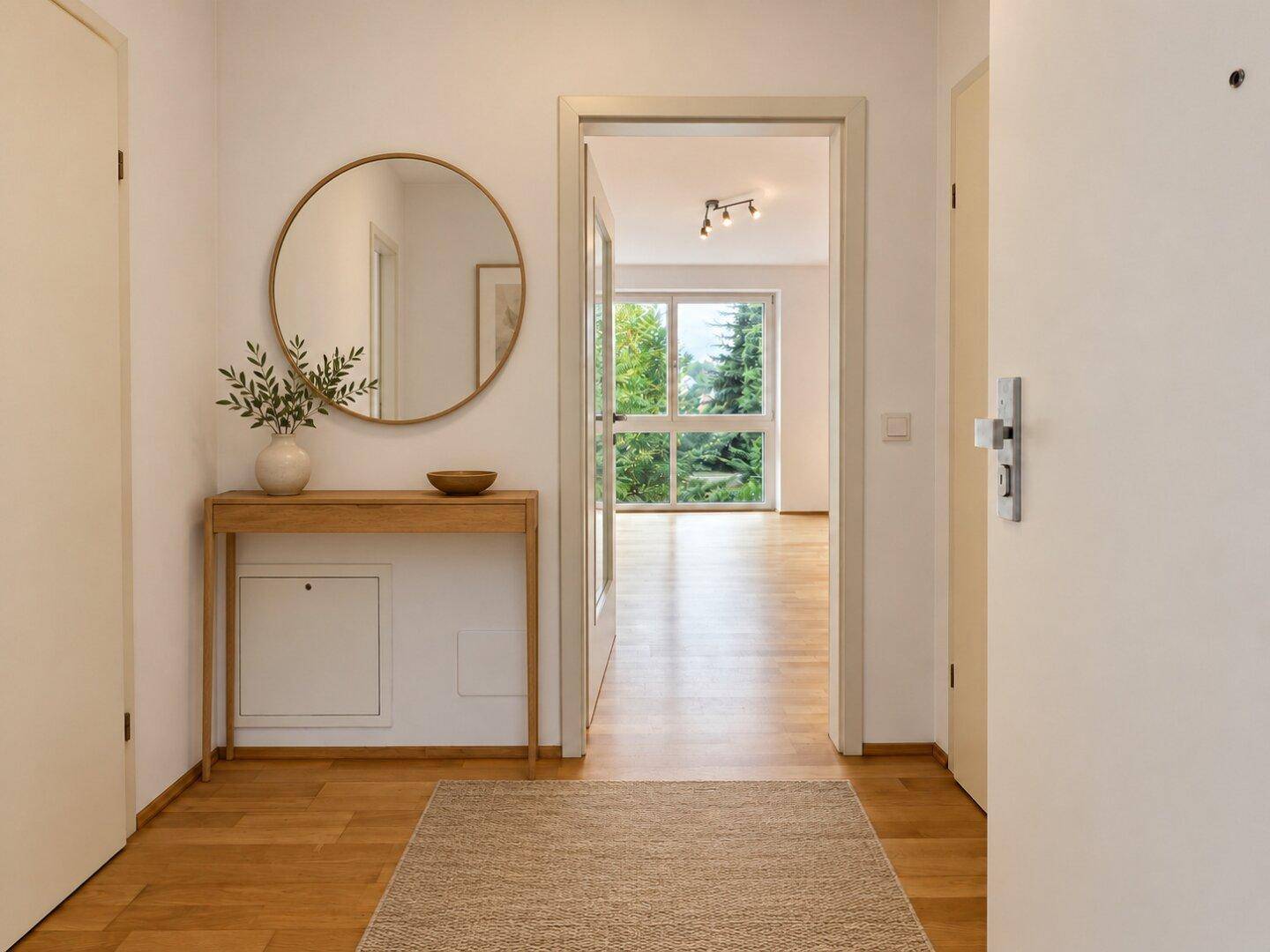 Heller Eingangsbereich mit Holzboden, Spiegel und Durchgang zum Wohnbereich.